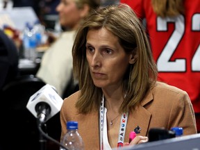 Assistant general manager Cammi Granato of the Vancouver Canucks looks on during Round Six of the 2022 Upper Deck NHL Draft at Bell Centre on Thursday in Montreal.