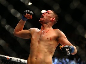 Nate Diaz celebrates after defeating Conor McGregor during UFC 196 at the MGM Grand Garden Arena on March 5, 2016 in Las Vegas, Nevada.