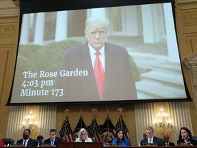 A clip of former U.S. President Donald Trump appears on a screen during a public hearing of the U.S. House Select Committee to investigate the January 6 Attack on the U.S. Capitol, July 21, 2022.