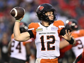 BC Lions quarterback Nathan Rourke (12) throws the ball during first half CFL football action against the Ottawa Redblacks in Ottawa on Thursday, June 30, 2022.
