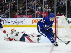 Former Toronto Maple Leafs forward Ilya Mikheyev (65) scores against Florida last season.