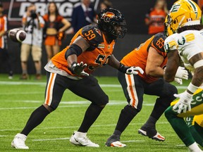 B.C. Lions offensive tackle Kent Perkins, in action against the Edmonton Elks during a June 11, 2022 Canadian Football League game at B.C. Place Stadium.
