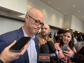 Vancouver Canucks general manager Patrik Allvin speaks with the media following the NHL general managers' meetings at Le Centre Sheraton Montreal Hotel on July 6.