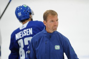 Former Canucks forward Mikael Samuelsson skates with players during the club’s annual development camp at UBC last week.