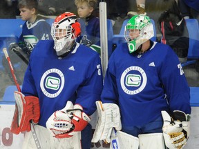 Samuel Richard (l) and Brett Brochu in action during the Vancouver Canucks development camp at UBC on Wednesday.