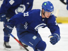 Third-round pick Elias Pettersson drills on the first day of the Vancouver Canucks Development Camp at the University of British Columbia on Friday.