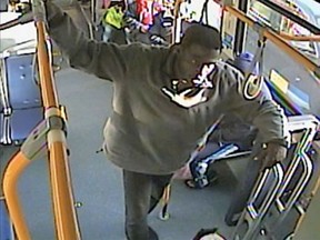 Surveillance video images show a suspect who allegedly punched and knocked down a woman aboard a bus on Main Street in Vancouver on June 20.