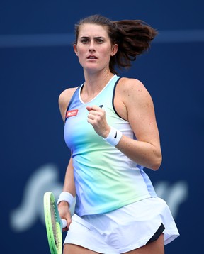 Rebecca Marino of Canada celebrates winning the first set against Qinwen Zheng of China during the National Bank Open, part of the Hologic WTA Tour, at Sobeys Stadium on Aug. 9, 2022 in Toronto.