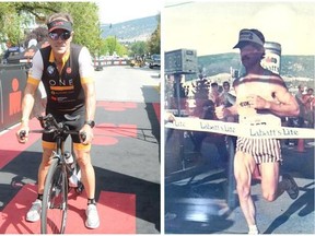 At left: Don McDonald sizes up the finish line for Subaru Ironman Canada in which he?ll compete Sunday. At right: Don McDonald crosses the finish line in second place in the 1984 edition of the forerunner to Subaru Ironman Canada.Herald Staff/Special to The Herald