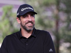 Aaron Rodgers takes part in the Bleacher Report Hot Seat Press Conference prior to Capital One's The Match VI - Brady & Rodgers v Allen & Mahomes at Wynn Golf Club on June 1, 2022 in Las Vegas.