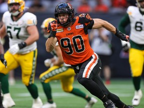 B.C. Lions defensive lineman Mathieu Betts gives chase against the Edmonton Elks during a CFL game at B.C. Place.