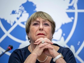 Outgoing United Nations High Commissioner for Human Rights Michelle Bachelet gives a final press conference at the United Nations offices in Geneva on August 25, 2022.