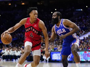 Toronto Raptors' Scottie Barnes, left, tries to get past Philadelphia 76ers' James Harden during the first half of Game 5 in an NBA basketball first-round playoff series, Monday, April 25, 2022, in Philadelphia.The team announced Wednesday it will host Utah Jazz on Oct. 2 at Rogers Place in Edmonton, and then the Boston Celtics, Oct. 14 at Montreal's Bell Centre as part of the eighth NBA Canada Series.