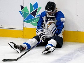 Team Finland’s Joni Jurmo was not happy after his team lost 3-2 in overtime in the gold medal final at the International Ice Hockey Federation 2022 World Junior Championship in Edmonton, Canada on Saturday August 20, 2022.