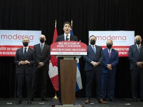 Prime Minister Justin Trudeau speaks during an announcement on the opening of a Moderna vaccine production and research facility in Montreal, April 29, 2022.