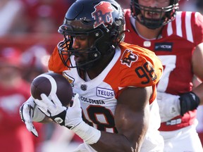 BC Lions defensive end Obum Gwacham recovered a fumble by Calgary Stampeders quarterback Bo Levi Litchell but it was declared an incomplete pass during first half CFL football action in Calgary, Saturday Aug. 13, 2022.