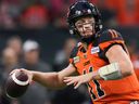 BC Lions quarterback Michael O'Connor passes during the first half of CFL football game action against the Saskatchewan Roughriders in Vancouver on Friday, August 26, 2022.