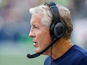 Seattle Seahawks head coach Pete Carroll stands on the sideline during the third quarter against the Chicago Bears at Lumen Field.