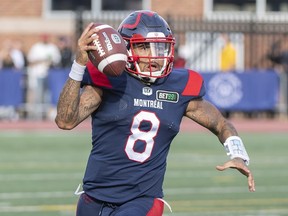 Montreal Alouettes quarterback Vernon Adams Jr.runs with the ball against the Ottawa Redblacks during second half CFL football action in Montreal, Monday, October 11, 2021.