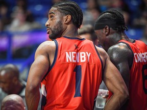 Guard Jabs Newby sneaks a peak at he scoreboard over his left shoulder during a huddle. The Fraser Valley Bandits host the Guelph Nighthawks this on Thursday in the first playoff game held at the LEC. Photo: Fraser Valley Bandits.