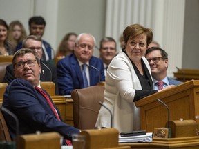 Finance Minister Donna Harpauer presents the Saskatchewan budget in the chamber of the legislator in Regina on March 23, 2022. Harpauer is to present her first-quarter financial update Tuesday, which will detail how much money the province has made in natural resources during the early part of the year.