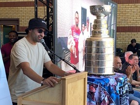 Nazem Kadri addresses the crowd during his day with the Stanley Cup, Saturday in London, Ont.