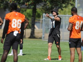New starting quarterback Michael O’Connor directs his teammates during B.C. Lions practice on Monday at the club’s training facility in Surrey.