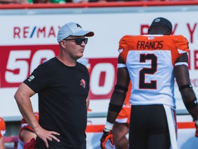 Lions head coach Rick Campbell looks on from the sidelines during Saturday’s nail-biting 41-40 win over the Stampeders in Calgary. Campbell says his club is addressing its special teams play.