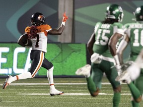 B.C. Lions receiver Lucky Whitehead (7) runs a long way for a touchdown against the Saskatchewan Roughriders on Friday, Aug. 19, 2022 in Regina.