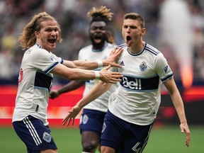 Whitecaps defender Ranko Veselinovic (right, celebrating a goal earlier this season with Florian Jungwirth) says the Caps must get off to a better start Wednesday. ‘We need to be better prepared to start on the front foot and try to score first,’ he says.