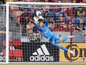 Vancouver Whitecaps FC goalkeeper Thomas Hasal (1) deflects a shot on goal in the first half against Real Salt Lake at Rio Tinto Stadium Aug. 20.