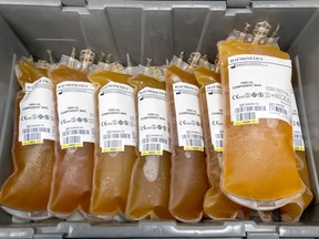 Bags of plasma packed into a box at Hema-Quebec's Globule blood donor clinic in the Kirkland suburb of Montreal. A Canadian Blood Service deal with a private company could pave the way for British Columbians to be paid for donating plasma.