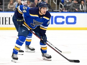 Dakota Joshua (54) during a NHL game between the New Jersey Devils and the St. Louis Blues on Feb. 10, 2022, at the Enterprise Center.