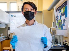 Dr. Penghui Zhu (pictured) works at UBC with Dr Feng Jiang, who has developed a cellulose film from wood pulp that is strong and biodegradable.