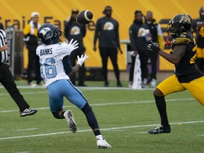 Toronto Argonauts wide receiver Brandon Banks (16) makes a catch for a large gain during during first quarter CFL football game action against the Hamilton Tiger Cats in Hamilton, Ont. on Monday, September 5, 2022.