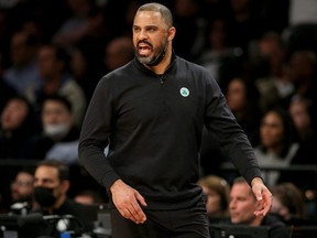 Boston Celtics head coach Ime Udoka coaches against the Brooklyn Nets during the second quarter of game four of the first round of the 2022 NBA playoffs at Barclays Center.
