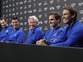 From left, Britain's Andy Murray, Serbia's Novak Djokovic, Captain Björn Borg, Switzerland's Roger Federer and Spain's Rafael Nadal attend a press conference ahead of the Laver Cup tennis tournament at the O2 in London, Thursday, Sept. 22, 2022.