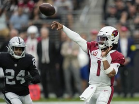 Arizona Cardinals quarterback Kyler Murray (1) throws against the Las Vegas Raiders during the first half of an NFL football game Sunday, Sept. 18, 2022, in Las Vegas.
