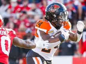 BC Lions James Butler runs the ball against the Calgary Stampeders during CFL football in Calgary on Saturday, September 17, 2022.