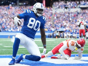 Indianapolis Colts rookie tight end Jelani Woods after one of his touchdown receptions against the Kansas City Chiefs in Indianapolis on Sept. 25, 2022.