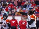 BC Lions quarterback Vernon Adams Jr. throws the ball during first half CFL football action against the Calgary Stampeders in Calgary, Saturday, Sept. 17, 2022. A season sweep of the Calgary Stampeders would take the B.C. Lions somewhere they haven't been in a while.