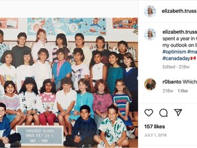 U.K. Prime Minister Liz Truss (middle row, second from left) is seen in a photo she posted to Instagram on July 1, 2018, showing her with classmates from Grades 6 and 7 at Parkcrest Elementary School, in Burnaby, British Columbia. Truss spent 1987-1988 at Parkcrest. Classmate Brenda Montagano, now a teacher at Parkcrest, is in the back row, fifth from left.