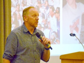 Corey Hirsch speaking in Kamloops on Sept. 14, 2022. Michael Potestio/KTW