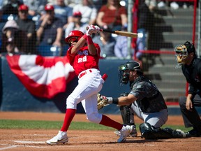 Vancouver Canadians' Hugo Cardona swings away against the Eugene Emeralds at Nat Bailey Stadium in Vancouver on April 22. The C's and Emeralds will face each other in the playoffs.