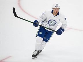 Jett Woo skates during Canucks’ rookie camp at Rogers Arena in in mid-September.