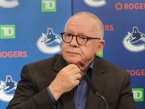 Canucks president of hockey operations Jim Rutherford at a May 3, 2022 news conference at Rogers Arena.