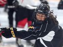 Chloe Primerano, a 15-year-old from North Vancouver, digs in during Thursday’s Vancouver Giants training camp in Ladner. ‘I felt a bit nervous,’ Primerano said of coming into the day, her first at an all-male WHL camp. ‘I just tried to play my game and work as hard as I could.’