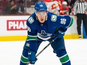 Canucks winger Andrei Kuzmenko is ready for the puck drop during Sunday’s NHL pre-season game against the Calgary Flames at Rogers Arena.