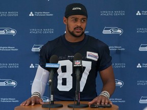 FILE - Seattle Seahawks tight end Noah Fant talks to reporters after NFL football practice Thursday, July 28, 2022, in Renton, Wash. New Seattle defensive tackle Shelby Harris and tight end Noah Fant are about to face their old team when the Denver Broncos come visiting to open the season.