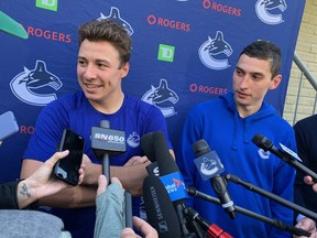 Russian players Andrey Kuzmenko (left) and Ilya Mikheev (right) at Canucks training camp in Whistler on Thursday. (Photo: Patrick Johnston)